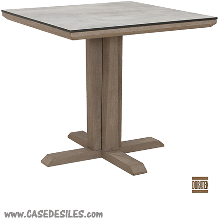 Table teck pied central plateau HPL béton ciré 80cm 4033